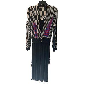 Virginie Vintage Womens Dress Jacket Size Medium Black Ensemble Midi Pleated
